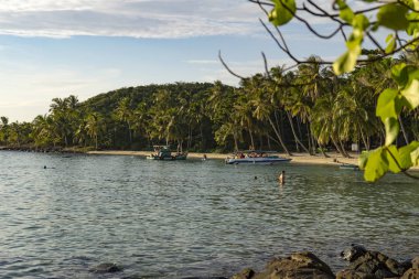 Phu Quoc Adası birçok avuç içi, kayalar ve beyaz kum, seyahat kavramı beutiful Vietnamca kumsalda