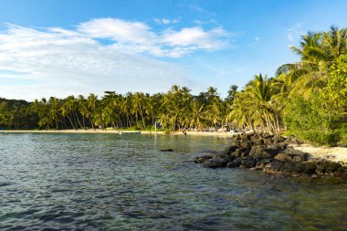 Phu Quoc Adası birçok avuç içi, kayalar ve beyaz kum, seyahat kavramı beutiful Vietnamca kumsalda