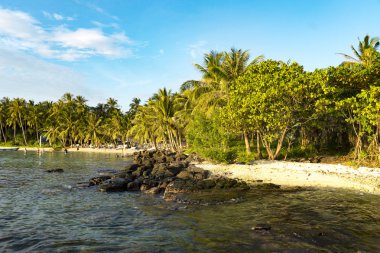 Phu Quoc Adası birçok avuç içi, kayalar ve beyaz kum, seyahat kavramı beutiful Vietnamca kumsalda
