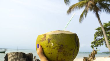 Hindistan cevizi Hindistan cevizi, bacaklar ve kristal berrak denizi ve avuç içi ile güzel beyaz kum seyahat kavramı arka plan olarak denizde Phu Quoc Adası yaz tatil günlerinde yandan