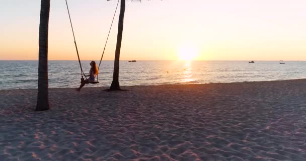 Drone Shot Vue Aérienne Jeunes Femmes Balançant Plage Sable Tropical — Video