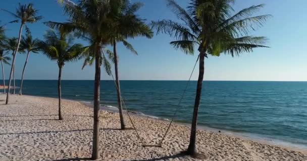 Drone Tiro Visão Aérea Mulheres Jovens Balançando Praia Areia Tropical — Vídeo de Stock