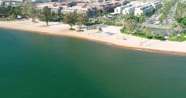 Drone Disparó Vista Aérea Mujeres Jóvenes Balanceándose Playa Arena Tropical — Vídeos de Stock