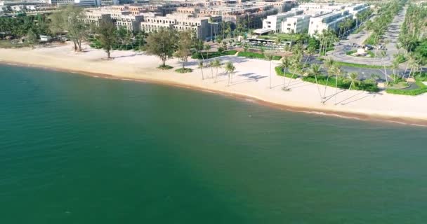 Дрон Снял Воздушный Вид Молодых Женщин Качающихся Тропическом Песчаном Пляже — стоковое видео