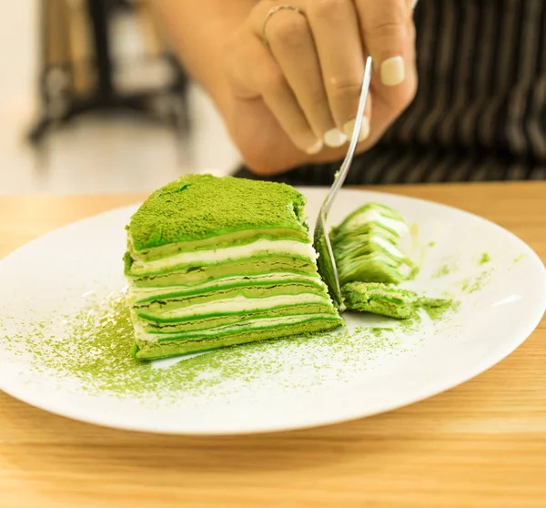 Välsmakande Matcha Kaka Med Kallt Till Efterrätt Koreansk Restaurang — Stockfoto