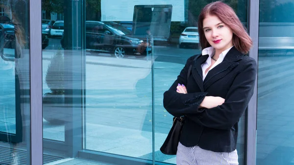 Outdoor Portrait Young Beautiful Business Woman Street Office Attractive Red — Stock Photo, Image