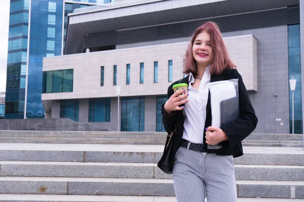 Outdoor Portrait Young Beautiful Business Woman Street Office Attractive Red — Stock Photo, Image