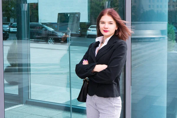 Outdoor Portrait Young Beautiful Business Woman Street Office Attractive Red — Stock Photo, Image