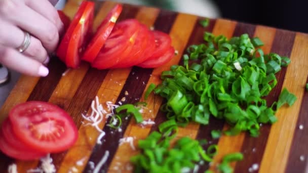 Girl Cuts Vegetables Kitchen — Stock Video