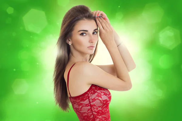 Charming Young Girl Red Lace Underwear Looking Camera Studio Green — Stock Photo, Image