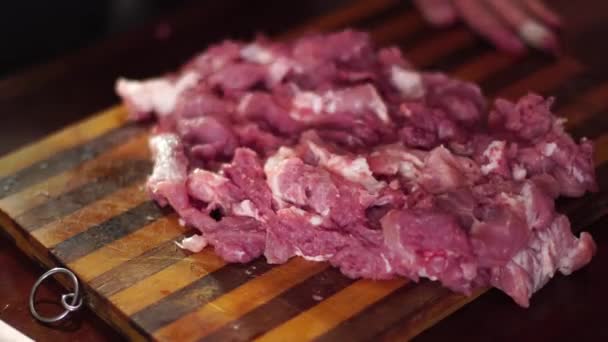 Close Man Cut Pieces Raw Meat — Stock Video