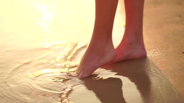 Κοντινό Πλάνο Γυναικεία Πόδια Στο Ηλιοβασίλεμα Στη Θάλασσα — Αρχείο Βίντεο