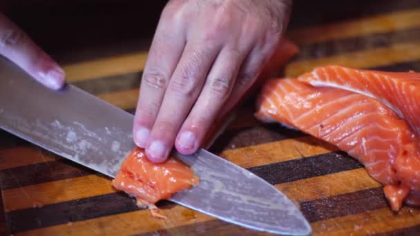 Man Cuts Salmon Close — Stock Video