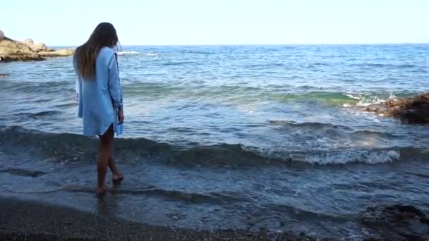 Stilvolle Dame am felsigen Meeresstrand — Stockvideo