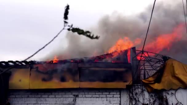 Пожар в здании. Крыша здания в огне — стоковое видео
