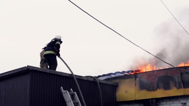 Les pompiers éteignent un bâtiment en feu — Video