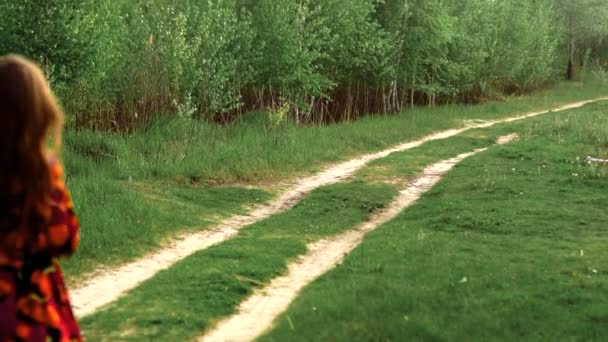 Fille enceinte en robe marche à travers le bois — Video