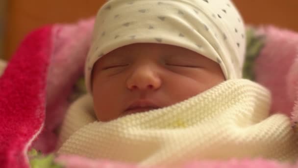 Closeup of newborn girl sleeping in maternity hospital — Stock Video