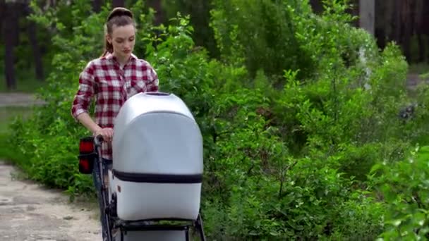 Een Jonge Moeder Wandelt Met Een Baby Een Kinderwagen — Stockvideo