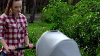 Bebek arabasındaki bebek genç bir anne yürür