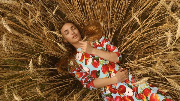 Charmantes Mädchen Liegt Einem Weizenfeld — Stockfoto