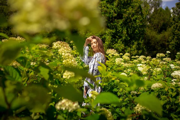 Glamour junge Dame posiert auf dem Feld Blumen in Kleid mit Print — Stockfoto