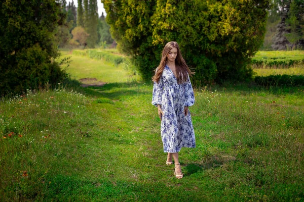 Attractive young brunette woman in dress with blue flower print walks at the grren park — Stock Photo, Image