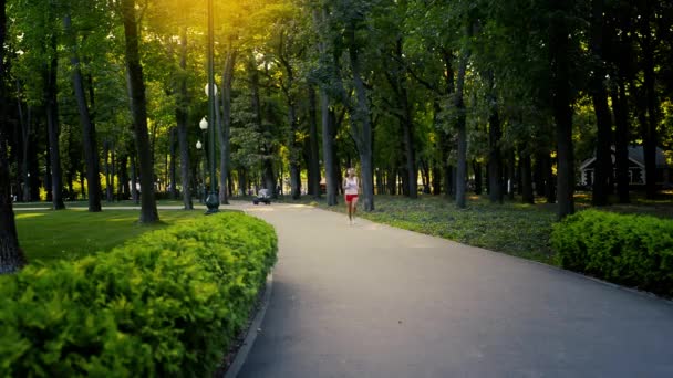 Bella Giovane Bruna Corridore Donna Che Pratica Parco Wile Ascoltare — Video Stock