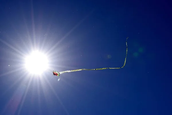 Cerf Volant Avec Une Longue Queue Rayée Contre Ciel Bleu — Photo