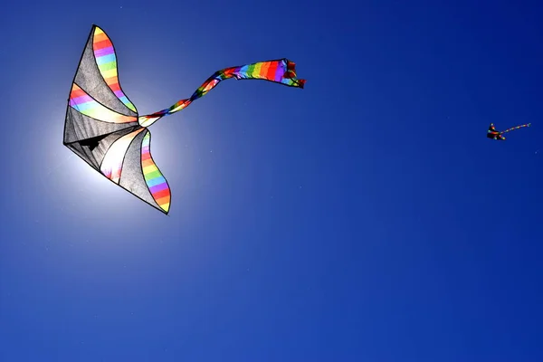 Aquilone Nero Con Strisce Multicolori Che Bloccano Sole Contro Cielo — Foto Stock