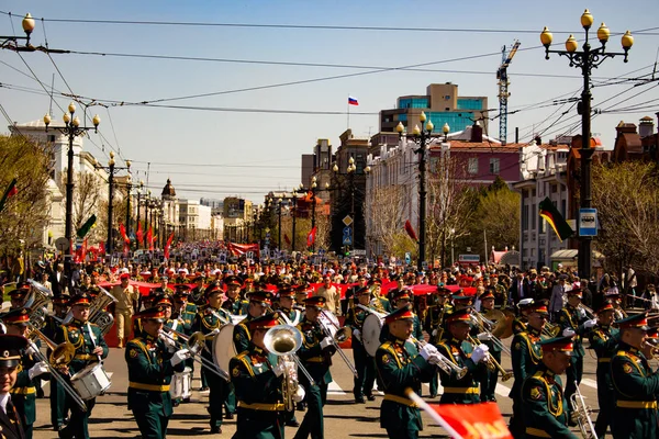 Khabarocsk Russia May 2018 Victory Parade Procession Immortal Regiment Streets — Stock Photo, Image