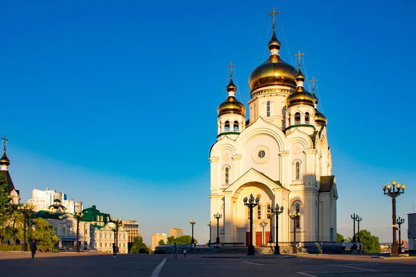 Bela Vista Catedral Transfiguração Pôr Sol Dome Shine Rússia Khabarovsk — Fotografia de Stock