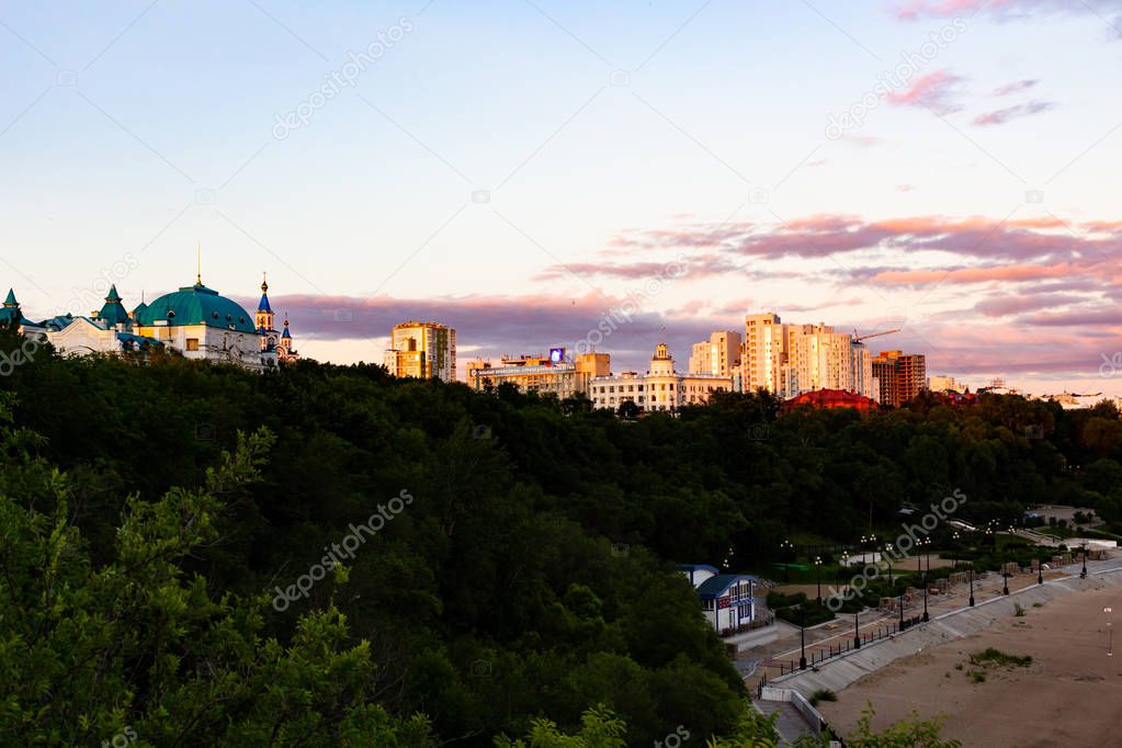 Sunset over the city of Khabarovsk and the river Amur.