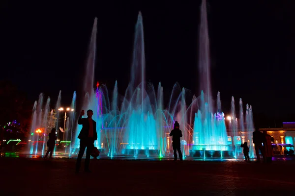 Fontaines Colorées Lumineuses Nuit Sur Remblai Rivière Amour Dans Ville — Photo