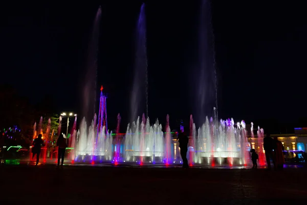 Fuentes Colores Brillantes Por Noche Terraplén Del Río Amur Ciudad —  Fotos de Stock