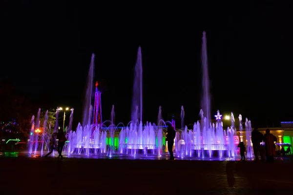 Fontaines Colorées Lumineuses Nuit Sur Remblai Rivière Amour Dans Ville — Photo