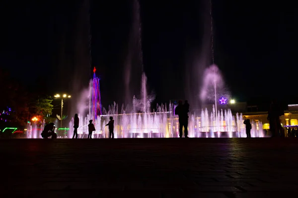 Leuchtend Bunte Fontänen Der Nacht Ufer Des Amur Der Stadt — Stockfoto