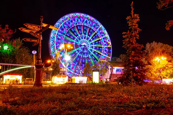 Ferris Wheel Banks Amur River Khabarovsk Night Sky Bright Illumination — Stock Photo, Image