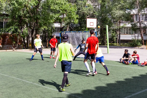 Men Play Mini Football Green Artificial Turf — Stock Photo, Image
