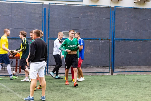 Men Play Mini Football Green Artificial Turf — Stock Photo, Image