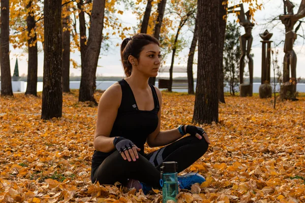 Attractive woman in sports clothes doing sports exercises in nature, on the carpet of autumn leaves, loves gymnastics, kneads his legs. Active young girl engaged in sports, leads a healthy lifestyle.