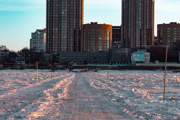 View City Khabarovsk Middle Frozen Amur River Factories Horizon — Stock Photo, Image