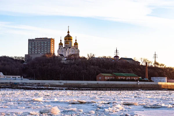 View City Khabarovsk Middle Frozen Amur River Factories Horizon — Stock Photo, Image