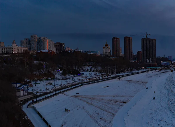 Vacker Solnedgång Över Floden Amur Khabarovsk Vintern Frusna Floden Folk — Stockfoto