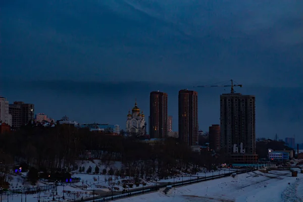 Belo Pôr Sol Sobre Rio Amur Khabarovsk Inverno Rio Congelado — Fotografia de Stock