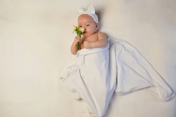 Beautiful baby girl holding a flower on white blanket — Stock Photo, Image