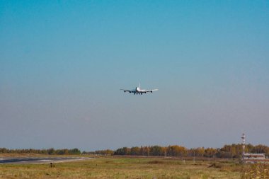 Khabarovsk, Rusya - 29 Eylül 2018: Boeing 747-400 Ei-Xlm Russian Airlines, Khabarovsk havaalanına indi.
