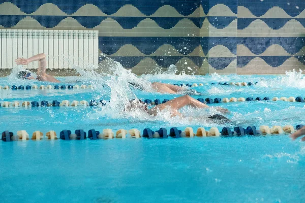 Kinderen zwemmen freestyle. Overdekt zwembad met helder blauw water. — Stockfoto