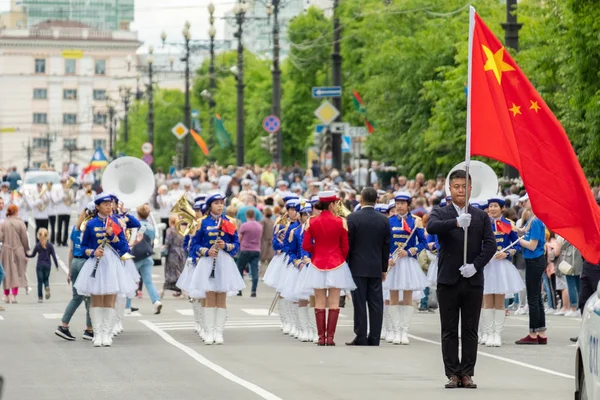 Khabarovsk, Rusko-červen 02, 2019: Mezinárodní festival vojenských pásem vlny Amur . — Stock fotografie