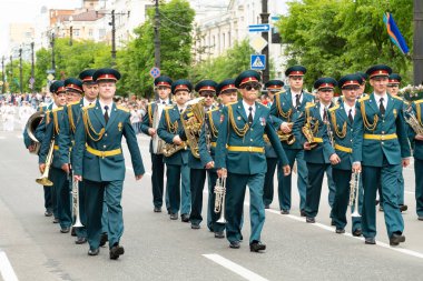 Khabarovsk, Rusya - 02 Haziran 2019: Uluslararası askeri gruplar festivali Amur dalgaları .